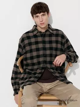 Фланелевая рубашка обычный воротник, клетчатый Uniqlo, коричневый