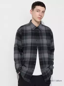 Фланелевая рубашка обычный воротник, клетчатый Uniqlo, серый