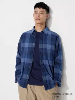 Фланелевая рубашка обычный воротник, клетчатый Uniqlo, синий