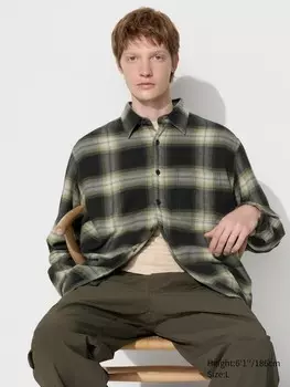 Фланелевая рубашка обычный воротник, клетчатый Uniqlo, зеленый