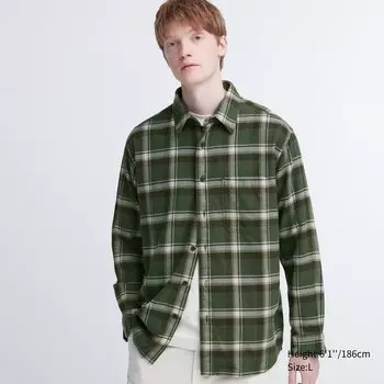 Фланелевая рубашка стандартного кроя в клетку (стандартный воротник) Uniqlo, оливковый