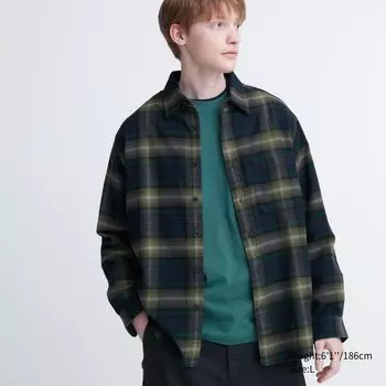 Фланелевая рубашка стандартного кроя в клетку (стандартный воротник) Uniqlo, темно-зеленый