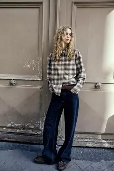 Фланелевая рубашка в клетку ZARA, экрю/коричневый