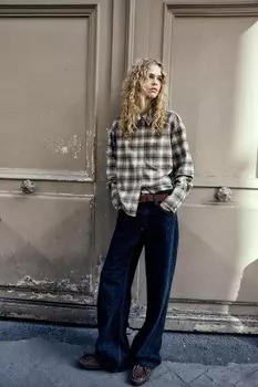 Фланелевая рубашка в клетку ZARA, экрю/коричневый