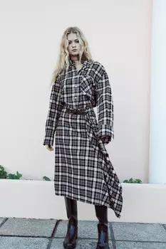 Фланелевая рубашка в клетку ZARA, белый/серый