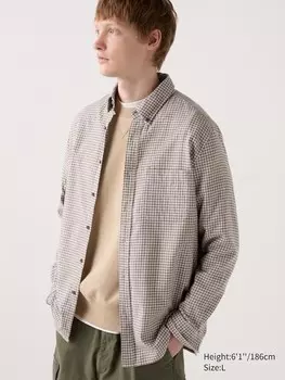 Фланелевая рубашка воротник на пуговицах, клетчатая Uniqlo, бежевый