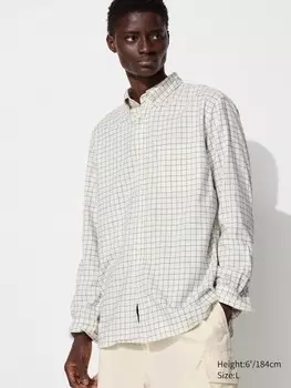 Фланелевая рубашка воротник на пуговицах, клетчатая Uniqlo, белый