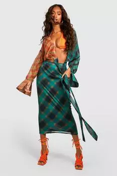 Фланелевая юбка миди с разрезом бедро Boohoo, хаки