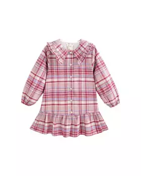 Фланелевое платье для девочки в розово-фиолетовую клетку с воротником в стиле Питера Пэна Dadati