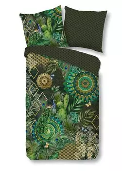 Фланелевое постельное белье Dream Castle Comfort - Павлин - Мандалы с павлином и растениями, зеленые 155 х 220 см зеленые мандалы с павлином Traumschloss