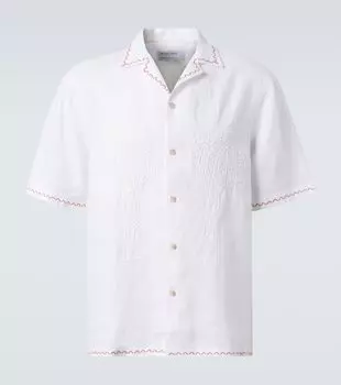 Флавио вышитая льняная рубашка для боулинга Frescobol Carioca, White & Burnt Orange