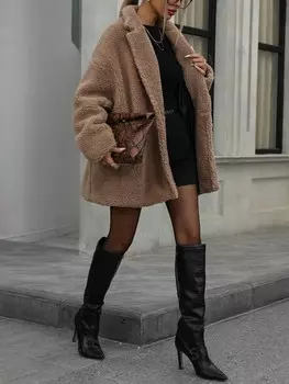 Флисовая куртка Modichic, воротник с лацканами, двойные карманы, свободный фасон Shein, песочный