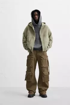 Флисовая куртка с капюшоном в цветных блоках ZARA, хаки