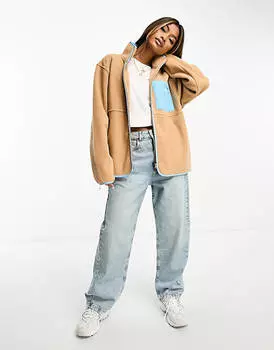 Флисовая молния ASOS DESIGN с нейлоновым карманом нейтрального цвета.