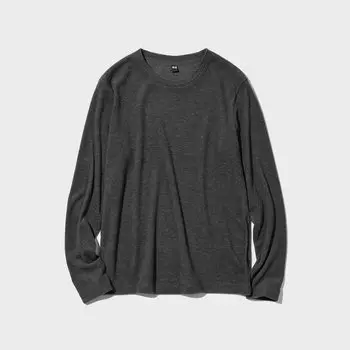 Флисовая термофутболка HEATTECH с круглым вырезом и длинными рукавами UNIQLO, серый