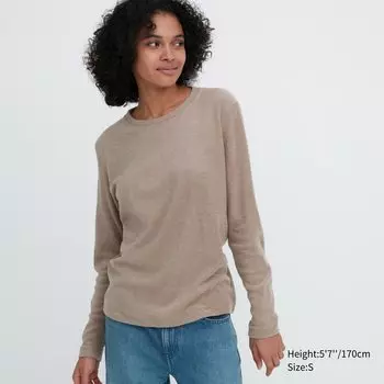 Флисовая термофутболка HEATTECH с круглым вырезом и длинными рукавами UNIQLO, бежевый