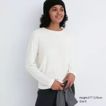Флисовая термофутболка HEATTECH с круглым вырезом и длинными рукавами UNIQLO, белый