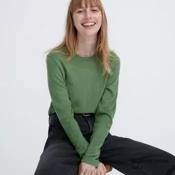 Флисовая термофутболка HEATTECH с круглым вырезом и длинными рукавами UNIQLO, зеленый