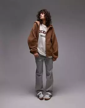 Флисовая толстовка с капюшоном на молнии цвета ириски Topshop