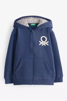 Флисовая толстовка с капюшоном на молнии, ребристые манжеты и подол Benetton, синий