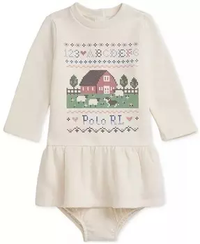 Флисовое платье Baby Barn с графическим принтом Polo Ralph Lauren, слоновая кость/кремовый