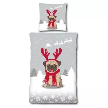 Флисовое постельное белье 135 х 200 см детский зимний комплект 2 шт. на молнии серого цвета с собакой-мопсом Casa Colori