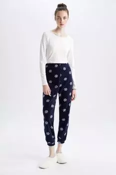 Флисовые пижамные штаны стандартного кроя Fall In Love с рождественским рисунком и рисунком снежинок DeFacto, темно-синий