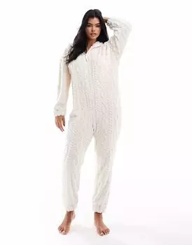 Флисовый комбинезон ASOS DESIGN Lounge Cable Textured Cloud кремового цвета
