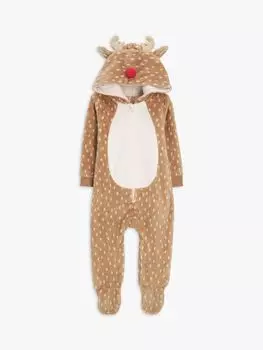 Флисовый комбинезон для малышей с оленями John Lewis, коричневый