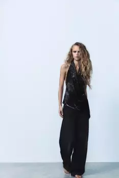 Флокированный топ-холтер ZARA, черный/коричневый