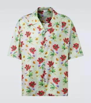 Флоральная хлопковая и шёлковая рубашка в стиле боулинг из твила Loewe, Green/Red
