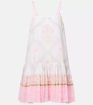 Флоральное плиссированное хлопковое мини-платье Juliet Dunn, White/Pink Grapefruit