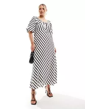 Forever New Curve — платье в коричнево-кремовую полоску с рукавами-фонариками и юбкой длиной до икры