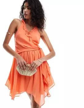 Forever Unique – оранжевое мини-платье с завязкой на талии и рюшами