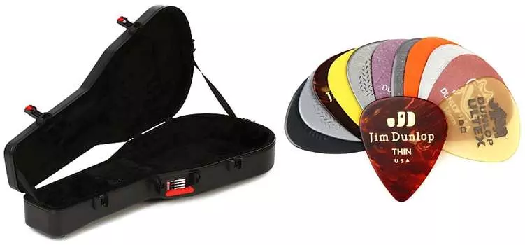 Формованный гитарный кейс Gator ATA с защелками TSA для акустических гитар Комплект с разнообразным набором гитарных медиаторов Dunlop PVP101 - легкий/средний Gator + Dunlop GTSA-GTRDREAD=1 PVP101=1