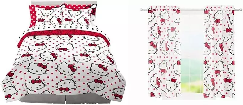 Franco Sanrio Hello Kitty Постельное белье в горошек, 7 предметов, Супермягкое одеяло и комплект простыней с Sham & Hello Kitty, Набор оконных штор для детской комнаты, 82 x 63 дюйма, Hello Kitty