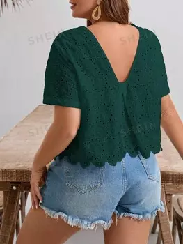 Французская летняя рубашка, короткий рукав, круглый вырез, однотонная, вышивка глаз, большой размер Shein, темно-зеленый