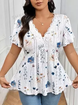 Французская женская футболка Цветочный крашеный узор, V-образный вырез, кружево, пэчворк, набивная ткань, большой размер Shein, мультиколор