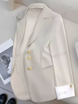 Французский цветной блок со слегка плиссированными рукавами, облегающий покрой и повседневный летний пиджак Shein, абрикосовый