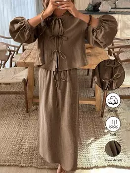 Французский комплект из рубашки с длинными рукавами и тканой юбки спереди Shein, хаки