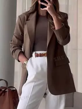 Французский однотонный пиджак с воротником-стойкой Shein, коричневый