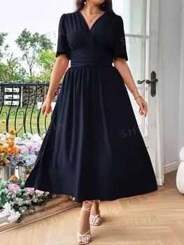 Французское элегантное Однотонное Летнее платье с v-образным вырезом больших размеров Shein, темно-синий