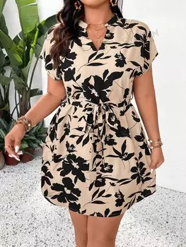 Французское Летнее праздничное платье больших размеров с рукавами «летучая мышь» и v-образным вырезом и завязкой на талии Shein, абрикосовый