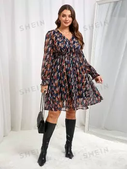 Французское платье для отдыха Цветочный принт по всей поверхности, струящийся фасон, подходит для больших размеров Shein, мультиколор