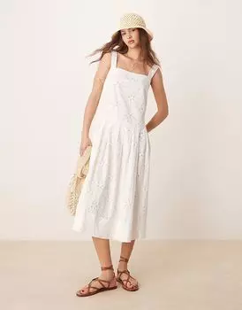 Free People primavera миди платье с ажурной отделкой бродери белого цвета