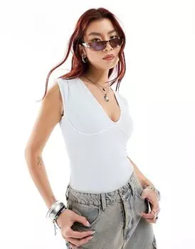 Free People – синее боди с круглым вырезом в рубчик