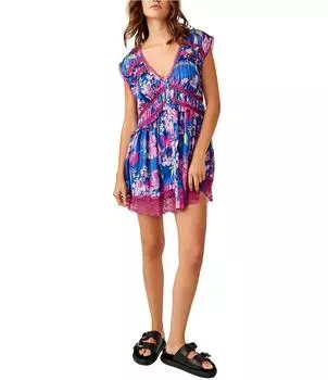 Free People Весеннее мини-платье с цветочным принтом и кружевным V-образным вырезом с короткими рукавами, цветочный