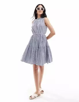 French Connection - многоярусное мини-платье из поплина с высоким воротом в сине-белую полоску