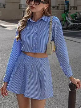 Frenchy 2 шт/компл Кардиган с рисунком Короткие рукава-тройки и плиссированные юбки с высокой талией, мини, комплекты из двух частей для будней, офисов и студентов Shein, синий/белый