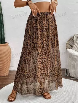 Frenchy, Длинная юбка, завышенная талия, шифон, леопардовый узор Shein, коричневый
